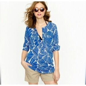 J.Crew Womans Sz Sm Blue White Fan Shell Cotton Voile Tunic Top Popover Coverup